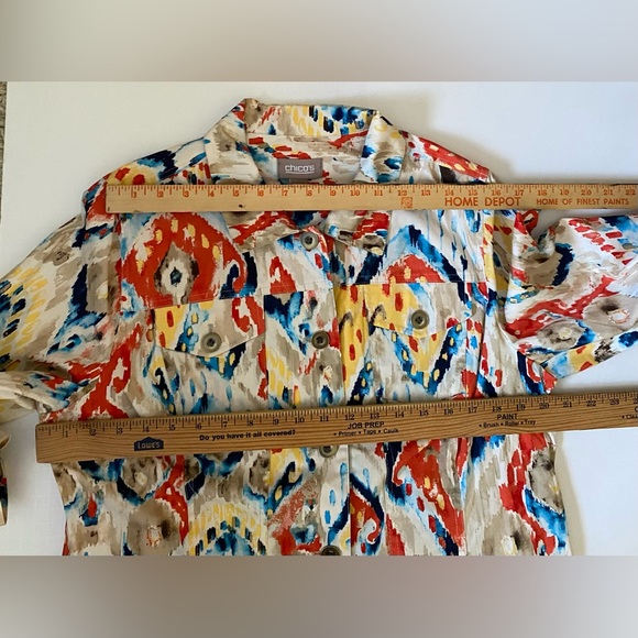 Chicos Womens Artsy cotton spandex multicolor jacket sz 2 ( M) Metal Button Up - Picture 5 of 15